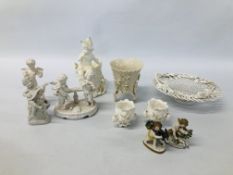 COLLECTION OF GLAZED CONTINENTAL FIGURES, PIERCED BASKET A/F ALONG WITH A BELLEEK VASE ETC.