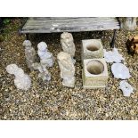 11 X VARIOUS DECORATIVE STONEWORK GARDEN ORNAMENTS TO INCLUDE FOUR SMALL FIGURES, PAIR LIONS,