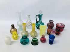 COLLECTION OF ART GLASS TO INCLUDE VASES, GREEN GLASS DECANTER AND STOPPER ETC.