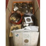 BOX OF MIXED COINS, 1016 BEATRIX POTTER PETER RABBIT AND ANNIVERSARY 50p IN FOLDERS, A FEW SILVER,