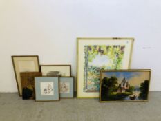 QUANTITY OF FRAMED PICTURES AND PRINTS TO INCLUDE A REVERSE GLASS PAINTING ETC.