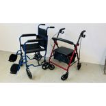A CARECO FOLDING MOBILITY WALKER AND AIDAPT FOLDING WHEEL CHAIR.