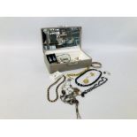 BOX OF ASSORTED DESIGNER SILVER AND WHITE METAL JEWELLERY NECKLACES, EARRINGS, AMBER PENDANT,