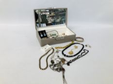 BOX OF ASSORTED DESIGNER SILVER AND WHITE METAL JEWELLERY NECKLACES, EARRINGS, AMBER PENDANT,