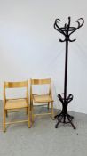 A MODERN BENTWOOD REVOLVING COAT STAND AND A PAIR OF BEECHWOOD FOLDING CHAIRS WITH RATTAN SEATS