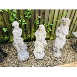 THREE WEATHERED STONEWORK GARDEN STATUES AVERAGE HEIGHT 75CM.