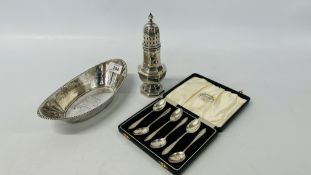 CASED SET OF 6 SILVER TEASPOONS, BIRMINGHAM ASSAY ALONG WITH A SILVER SHAKER,