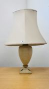 A CLASSICAL STYLED TABLE LAMP, THE CREAM BODY WITH GILT DECORATION SIGNED BONDI - SOLD AS SEEN.