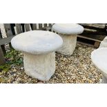 A PAIR OF STONEWORK STADLE STONE GARDEN FEATURES DIAMETER 45CM, HEIGHT 43CM.