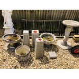 A COLLECTION OF WEATHERED GARDEN STONEWORK TO INCLUDE CHERUB BIRD BATH, THREE TAPERED STANDS,