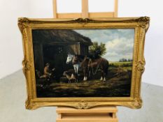 A GILT FRAMED OIL ON BOARD "HORSE IN A FARMYARD SCENE" BEARING SIGNATURE J.HAZELTON 74CM. X 53CM.