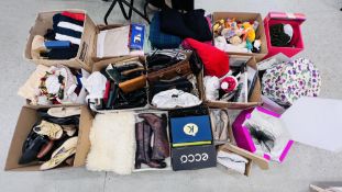 9 X BOXES OF ASSORTED CLOTHING, SHOES,
