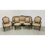 A LOUIS XV STYLE FIVE PIECE SUITE COMPRISING SOFA, PAIR OF ARMCHAIRS AND TWO SIDE CHAIRS,