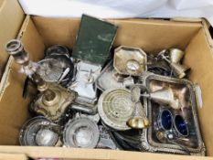 LARGE BOX OF ASSORTED QUALITY SILVER PLATED WARE TO INCLUDE CUTLERY, GOBLETS, CANDLE STICKS,