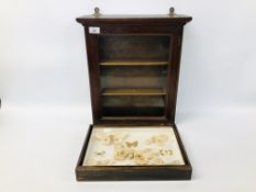 VINTAGE MAHOGANY WALL HUNG DISPLAY CASE H 46CM, W 41CM, D 14CM + CASED BUTTERFLY DISPLAY.