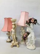 HARDSTONE LAMP BASE WITH GILT DETAIL AND PINK SHADE AND ONE OTHER ALONG WITH TWO STATUES,