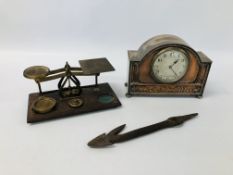 VINTAGE BRASS BALANCE SCALES ALONG WITH A SILVER PLATED MANTEL CLOCK MARKED CROUCH CARDIFF &