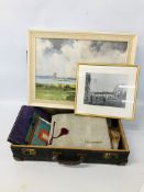 VINTAGE SUITCASE TO INCLUDE A QUANTITY OF EPHEMERA AND POSTCARDS + FRAMED ACLE VILLAGE SCENE +
