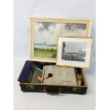 VINTAGE SUITCASE TO INCLUDE A QUANTITY OF EPHEMERA AND POSTCARDS + FRAMED ACLE VILLAGE SCENE +