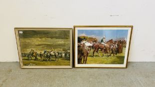 A FRAMED AND MOUNTED "AT HETHERSETT RACES" ALFRED MUNNINGS PRINT ALONG WITH "AFTER THE RACE" PRINT