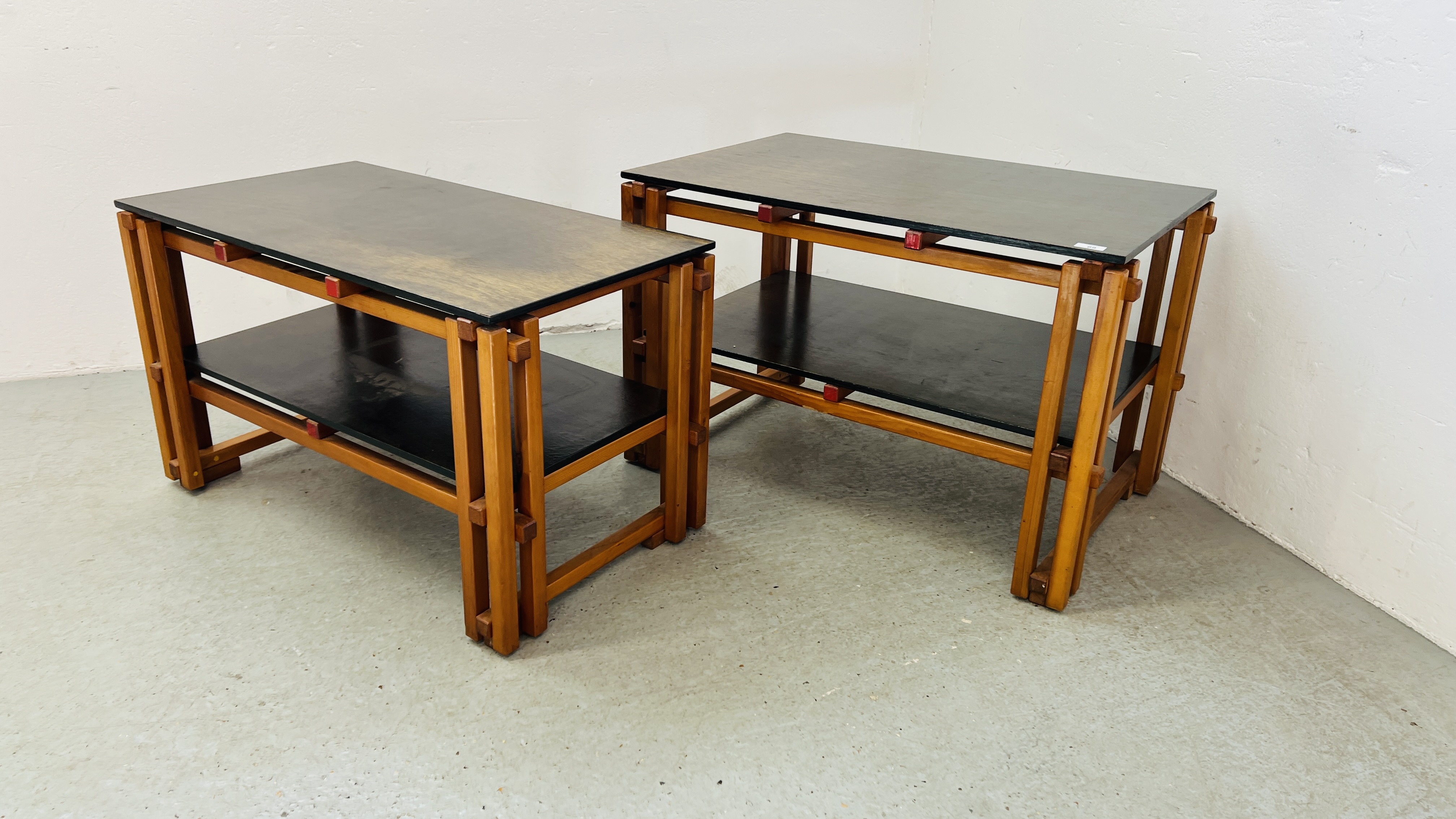 TWO BESPOKE HANDMADE OCCASIONAL TABLES LENGTH 85CM. HEIGHT 55CM. DEPTH 56CM. AND LENGTH 85CM. - Image 2 of 7