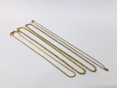 FOUR VARIOUS YELLOW METAL NECKLACES - NO VISIBLE HALL MARKS