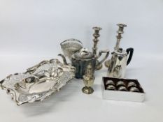 COLLECTION OF GOOD QUALITY SILVER PLATE TO INCLUDE CANDLE STICKS, TEA AND COFFEE POT,