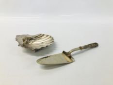 SILVER SHELL DISH (RUBBED MARKS) AND INDIAN DESIGN CAKE SLICE MARKED STERLING