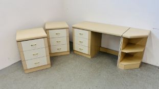 A PAIR OF MODERN LIGHT ASH FINISH THREE DRAWER BEDSIDE CHESTS WITH CREAM FACED DRAWERS EACH WIDTH