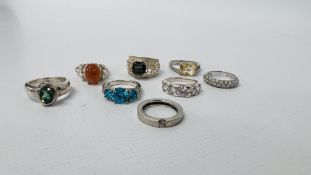 8 X DESIGNER SILVER STONE SET RINGS.