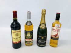 A BOTTLE OF FAMOUS GROUSE 700ML. WHISKY, LANSON CHAMPAGNE 75CL., FATERNUM DESERT WINE 750ML.