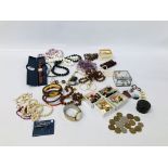 BOX OF ASSORTED COSTUME AND VINTAGE JEWELLERY TO INCLUDE CUFF LINKS, BEADS, ENAMELLED BADGES ETC.