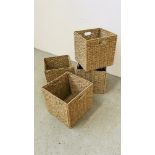 FOUR SEAGRASS STORAGE BOXES EACH 32 X 32 X 32CM.