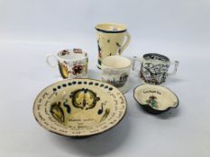 A COLLECTION OF MUGS TO INCLUDE QUIMPER WARE BOWL A/F "GOD SPEED THE PLOUGH" TWO HANDLED MUG,