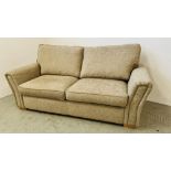 A GOOD QUALITY OATMEAL FABRIC UPHOLSTERED THREE SEATER SOFA WIDTH 210CM.