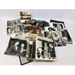 COLLECTION OF ASSORTED PRESS AND OTHER BLACK AND WHITE PHOTOGRAPHS AND CLOTH BADGES, BURBERRY BADGE,