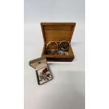 WALNUT BOX AND CONTENTS TO INCLUDE WHITE METAL AND SILVER JEWELLERY NECKLACES,