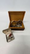 WALNUT BOX AND CONTENTS TO INCLUDE WHITE METAL AND SILVER JEWELLERY NECKLACES,