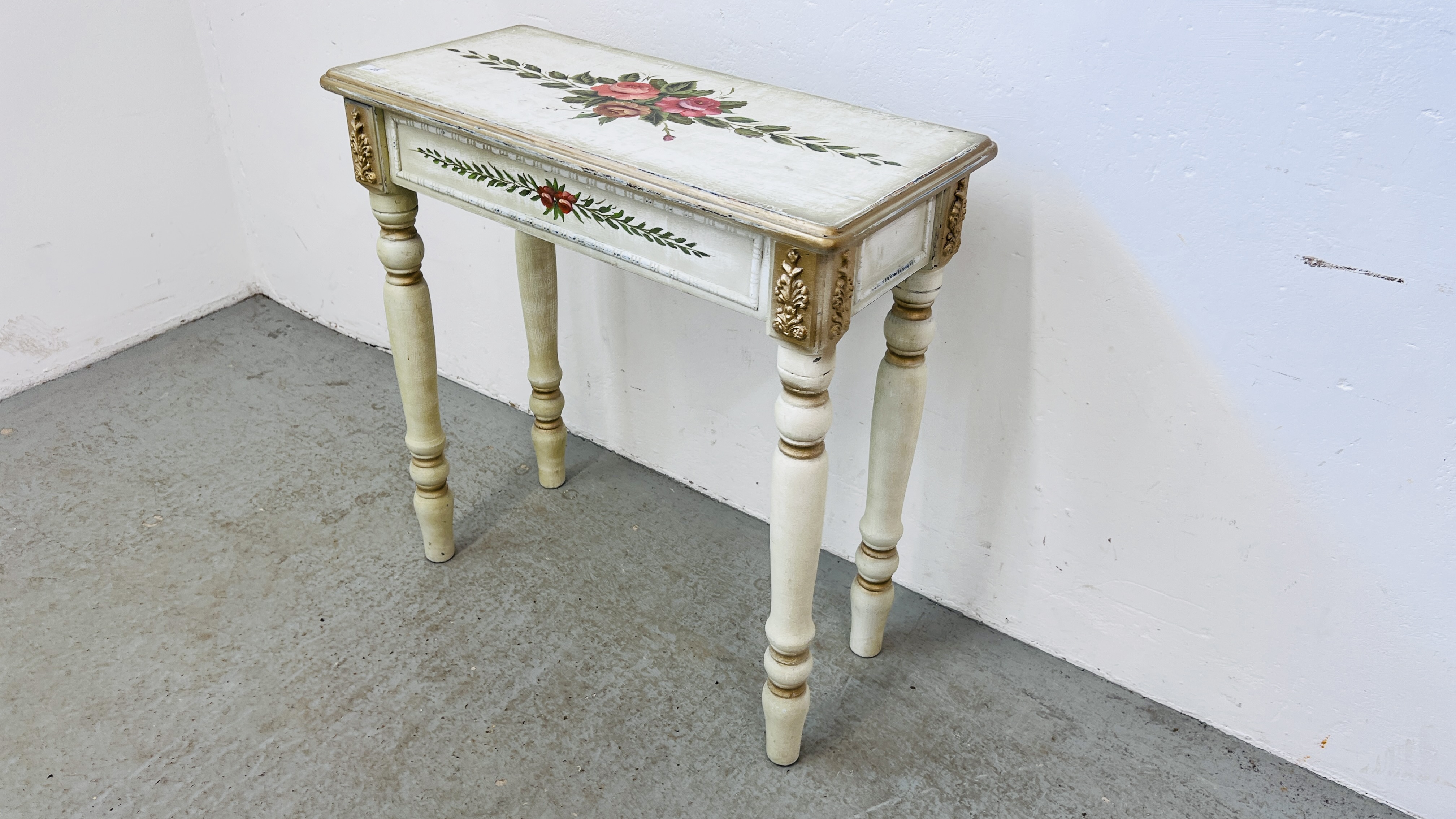 A SHABBY CHIC HALL TABLE WITH HAND PAINTED ROSE GARLAND DESIGN WIDTH 76CM. DEPTH 35CM. HEIGHT 77CM. - Image 2 of 5
