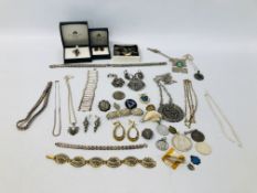 BOX OF ASSORTED VINTAGE SILVER AND WHITE METAL JEWELLERY TO INCLUDE COINS AND MEDALS,