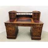 ANTIQUE CHARLES DICKENS TWIN PEDESTAL MAHOGANY WRITING DESK W 135CM, H 107CM, D 62CM.