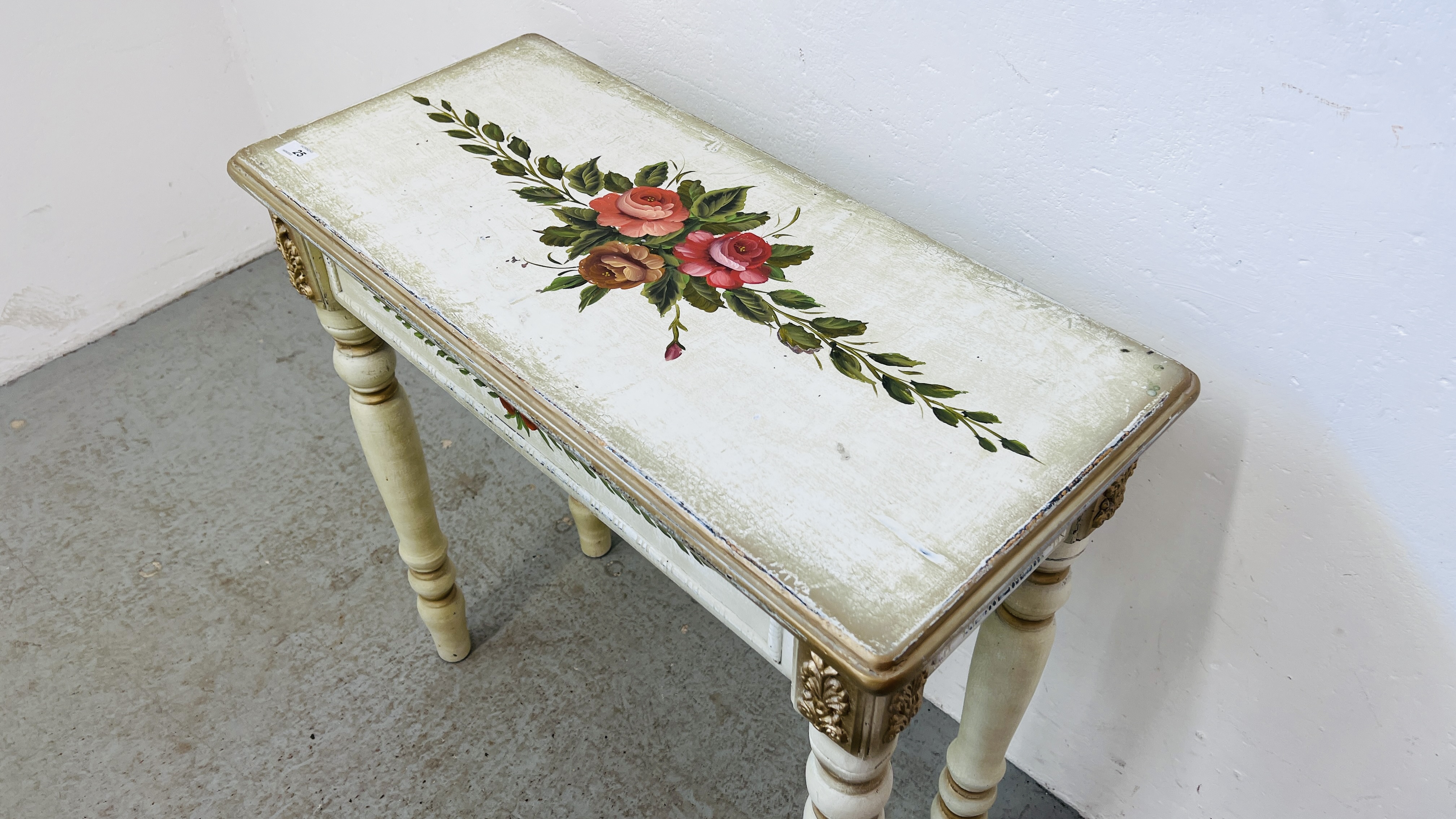 A SHABBY CHIC HALL TABLE WITH HAND PAINTED ROSE GARLAND DESIGN WIDTH 76CM. DEPTH 35CM. HEIGHT 77CM. - Image 3 of 5