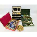 THREE JEWELLERY BOXES AND CONTENTS TO INCLUDE A VAST QUANTITY OF ASSORTED VINTAGE AND COSTUME