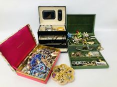 THREE JEWELLERY BOXES AND CONTENTS TO INCLUDE A VAST QUANTITY OF ASSORTED VINTAGE AND COSTUME