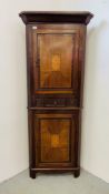 AN ANTIQUE FLOOR STANDING MAHOGANY INLAID CORNER CABINET WITH DRAWERS H 188CM.