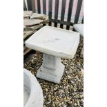 A STONEWORK ROSE DESIGN SQUARE GARDEN BIRD BATH HEIGHT 48CM.