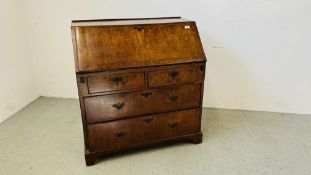 A GEORGE II WALNUT BUREAU, TWO SHORT OVER TWO LONG DRAWERS WITH WELL FITTED INTERIOR WIDTH 92CM.