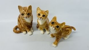 THREE WINSTANLEY GINGER CAT ORNAMENTS (TWO SITTING, ONE STANDING) AVERAGE HEIGHT 21CM.