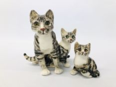 WINSTANLEY "TABBY CAT" GROUP OF TWO SITTING HEIGHT 22CM AND ONE SMALL WINSTANLEY TABBY KITTEN