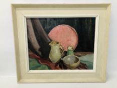 FRAMED OIL ON BOARD STILL LIFE "POTTERY AND TRAY" BEARING SIGNATURE OWEN WATERS 20 X 16 INCH.
